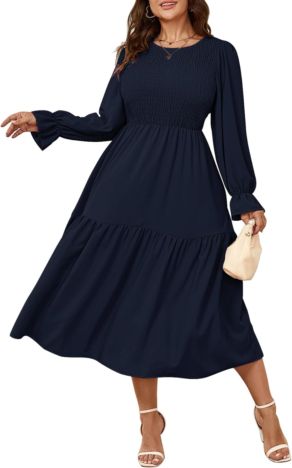 Women's Plus Size Dress Long Sleeve Crewneck Smocked Tiered Flowy Boho Wedding Party Maxi Dresses