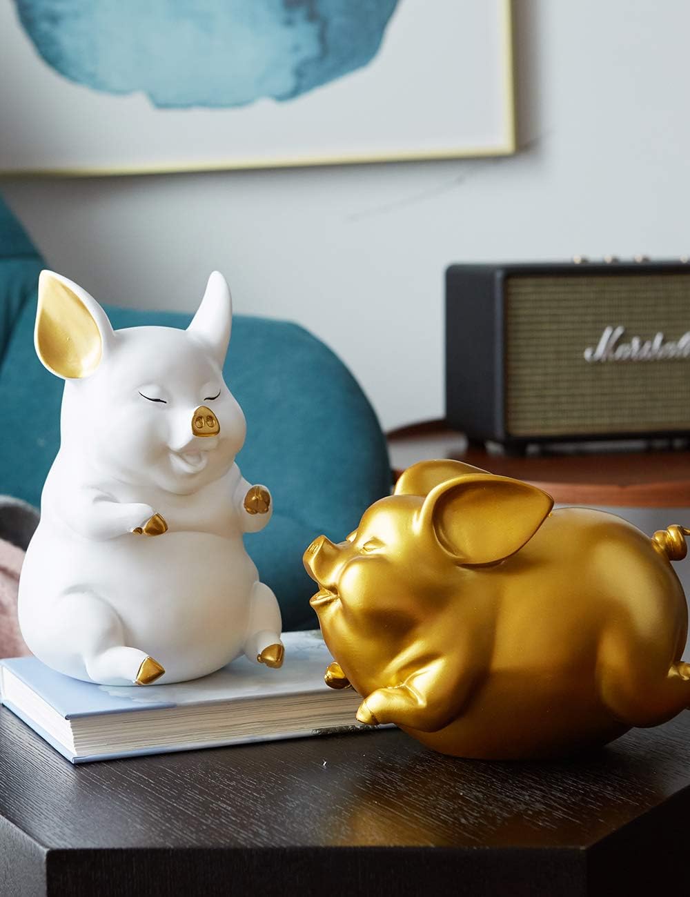 HAUCOZE Piggy Bank Coin Bank Pig Statue Modern Sculpture Home Decor Bedroom Arts Gift Polyresin Gold 8.3 Inch