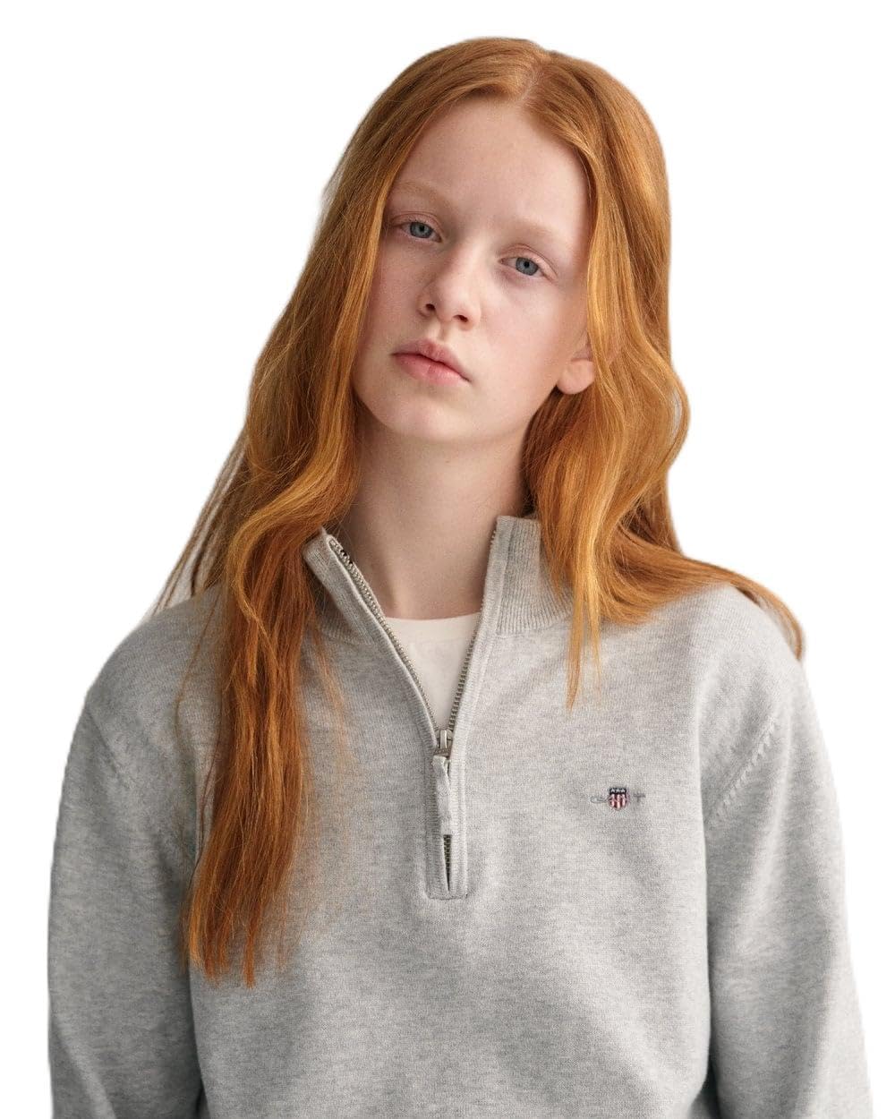 Gant Unisex Light Grey Melange Kinder Shield Cotton Half Zip Pullover Sweater,