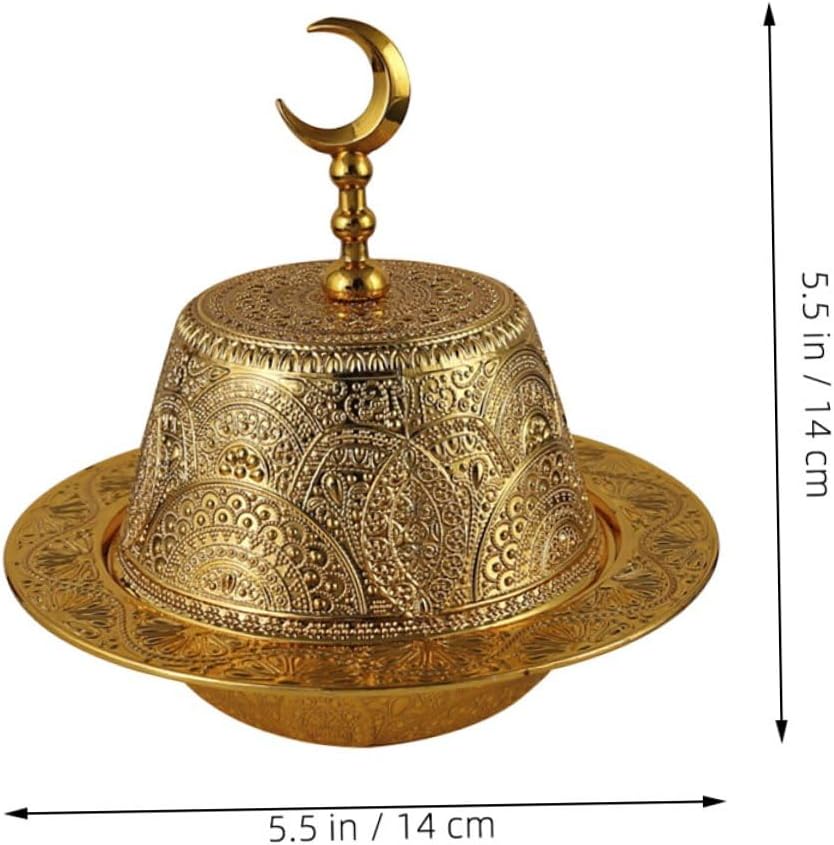 PRETYZOOM Middle East Arabia Metal Snack Bowl with Lid, Multi-function Dessert Storage Bowl for Fruit and Dry Fruits, Gold Tone Serving Plate for Ramadan and Home Entertaining