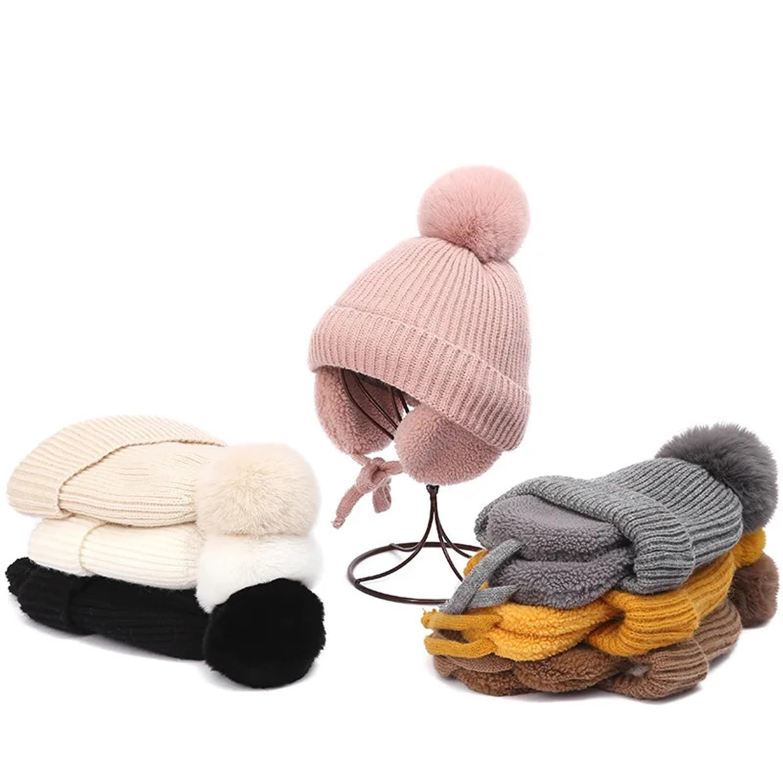 Adorable Pompom Baby Winter Hat – Thick Plush Knitted Earflap Beanie for Boys & Girls, Warm Ear Protection Cap(1)