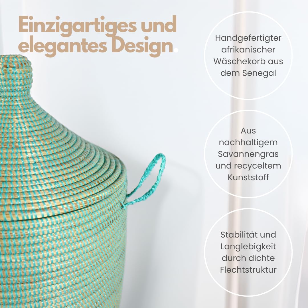 Aufbewahrungskorb mit Deckel groß | Afrikanischer Wäschekorb Geflochten | Geflochtener Korb | Handgefertigt aus Savannengras | Nachhaltig & Verantwortungsvoll produziert | Kolda