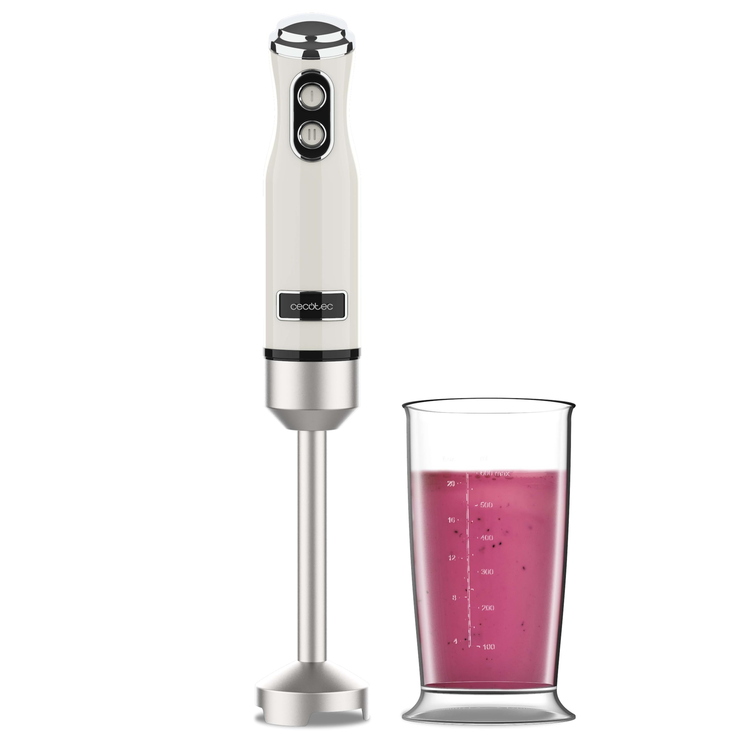 Cecotec Batidora de Mano Retro Power RetroBeige 1200MAX. 1200W Potencia Máxima, Cuchilla de 4 Hojas con Recubrimiento de Titanio Negro, 2 Velocidades, Vaso de 0,5L, Diseño Vintage