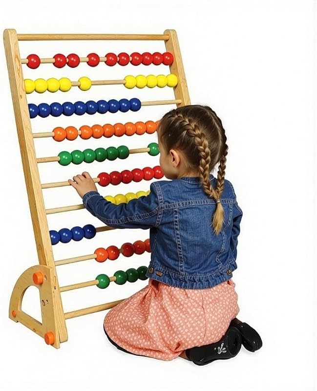 Giant Standing Wooden Abacus for Kids, Oversized Wood Counting Frame with 100 Bright Beads, Ages 12 Months+