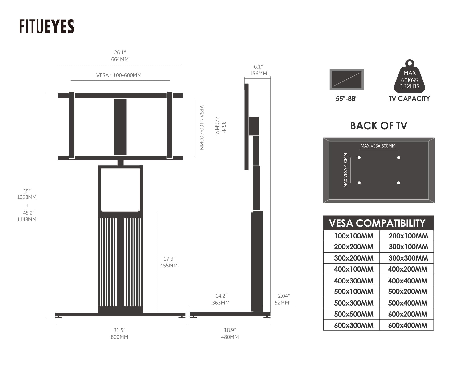 FITUEYES Support TV Pied pour Ecran de 55 à 88 Pouces Hauteur Réglable Charge Max 60kg Angle Adjustable ±30° Série Zen