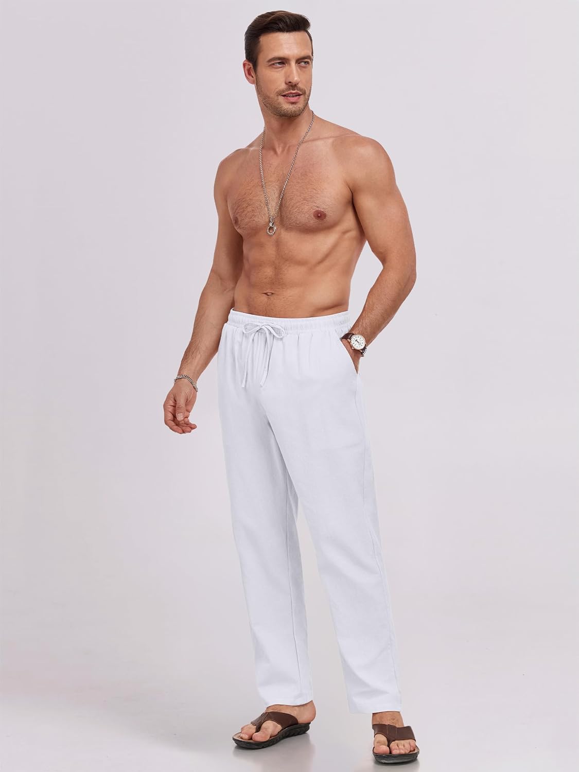 Puimentiua Mens Linen Pants Casual Drawstring Loose Lightweight Mens Pants Yoga Summer Beach Trousers - Image 2