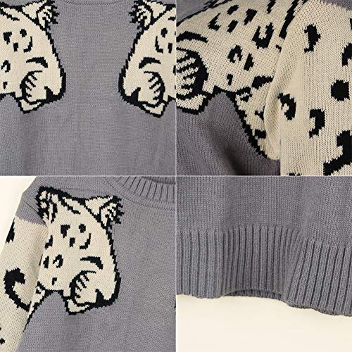Image of JUNBOON Women's Casual Leopard Print Knitted Pullover Sweaters Long Sleeve Crew Neck Jumper Tops