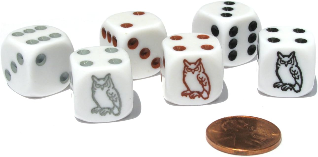 Koplow Games Set of 6 Owl 16mm Dice - 2 Each of White with Black, Brown, and Gray Pips