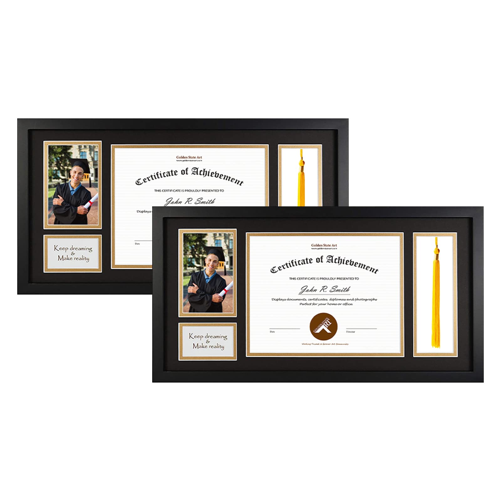 golden state art, 11x22 black diploma frame with tassel holder for 8.5x11 diploma and 4x6 photo with solid wood and tempered glass, black over gold mat for wall, graduation keepsakes, 2 pack