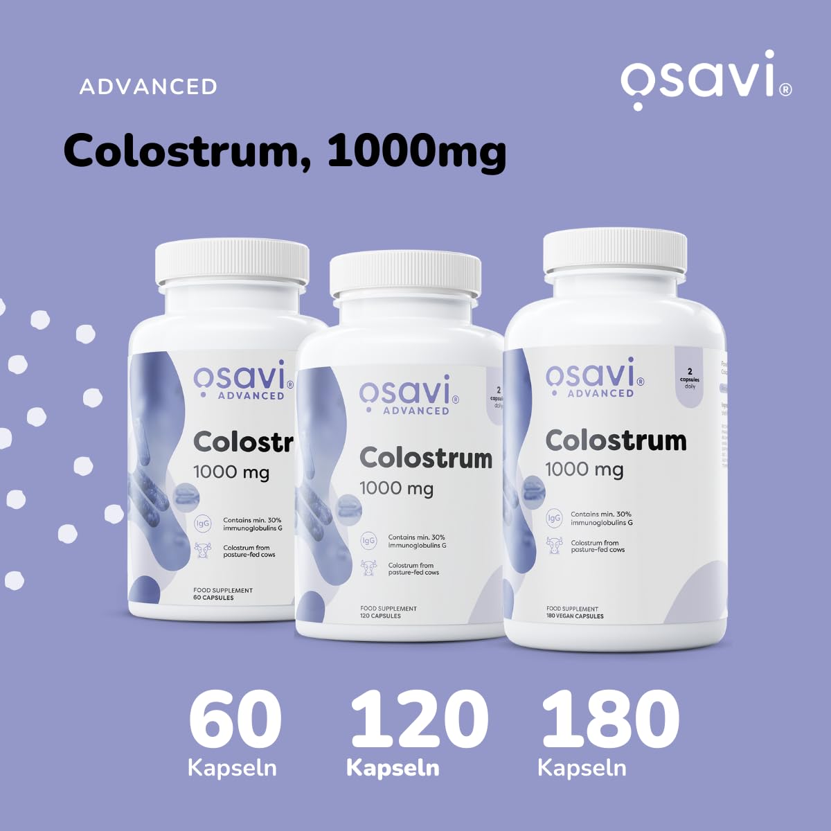 Osavi Colostrum 1000 mg – 180 Kapseln | Hochpotentes Bovine Kolostrum mit 30% Immunoglobulinen G | Herkunft von Holstein-Friesian Kühen | GMO-frei