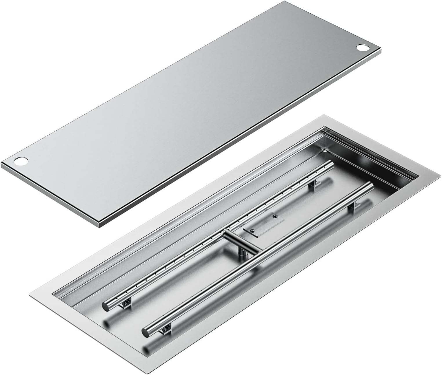 Skyflame Rectangular Stainless Steel Drop-in Fire Pit Pan and Burner with Burner Cover, 24 by 8 Inch Burning Area