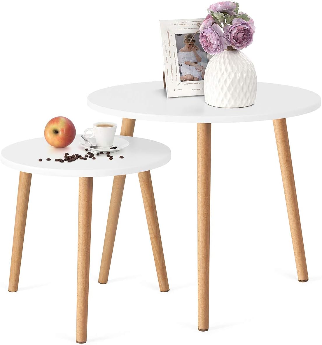 COMIFORT End Tables - Nordic Style Coffee Tables, Modern and Stylish, Very Durable, Set of 2 Round Tables, White and 100% Natural Beech