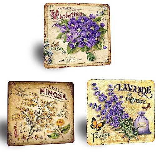 XIAOMA Lot de 3 Plaque Metal Vintage pour Décoration Murale de Jardin,Fleurs - Lavande de Provence,la Violettes,la Mimosa,Idée de Cadeau pour Maison Cuisine...