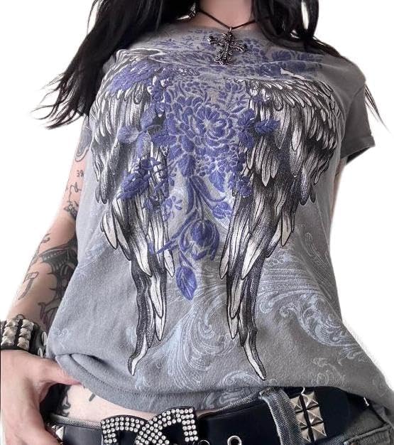 Y2K Grunge Graphic Tees for Teens Girl Vintage Fairy Grunge Emo Goth Short Sleeve Baggy T-Shirt Going Out Streetwear