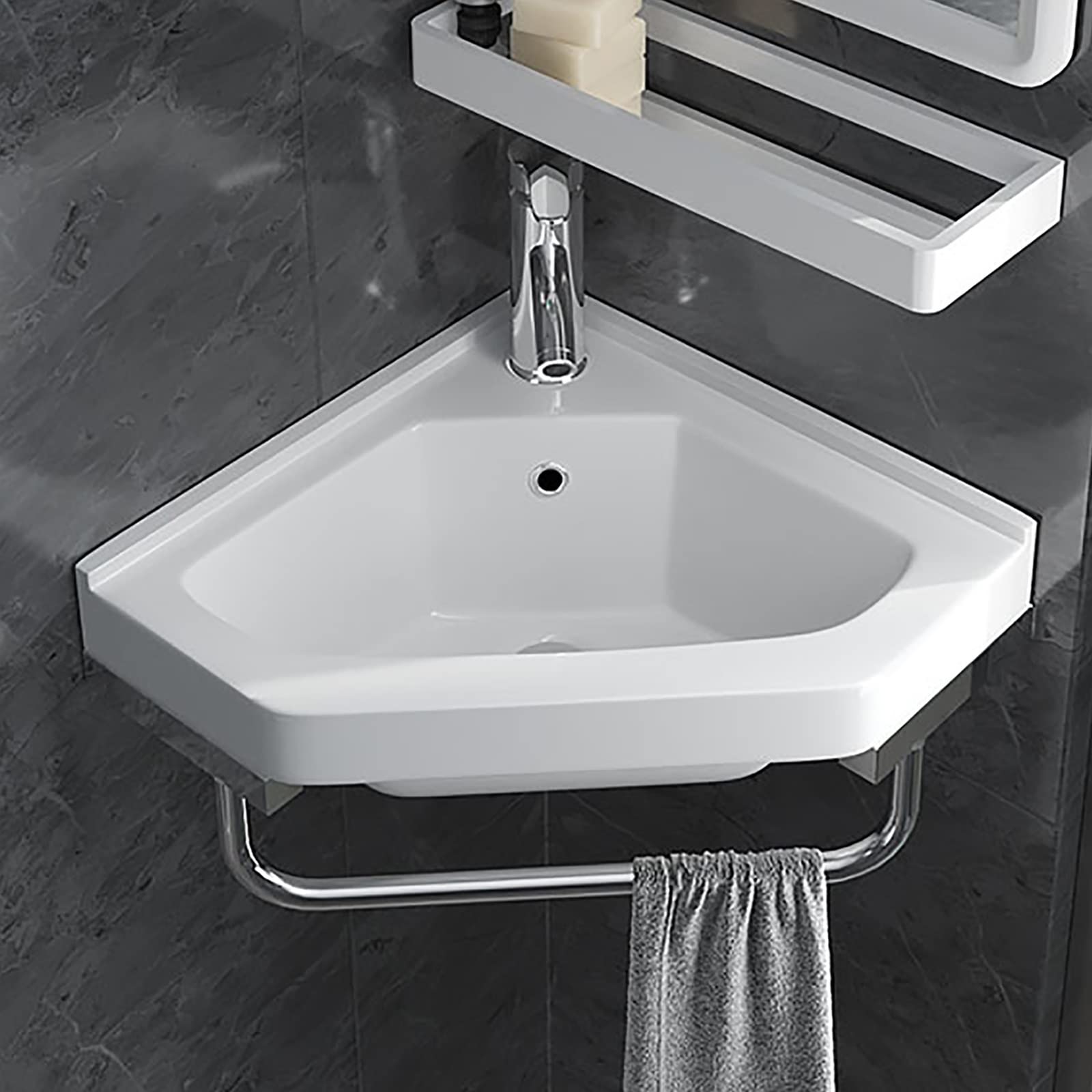 Trójkątny biały porcelanowy ceramiczny uchwyt ścienny mini umywalka łazienkowa - mały narożny zlew i kran z przelewem - idealne rozwiązanie oszczędzające miejsce do łazienki, D, C