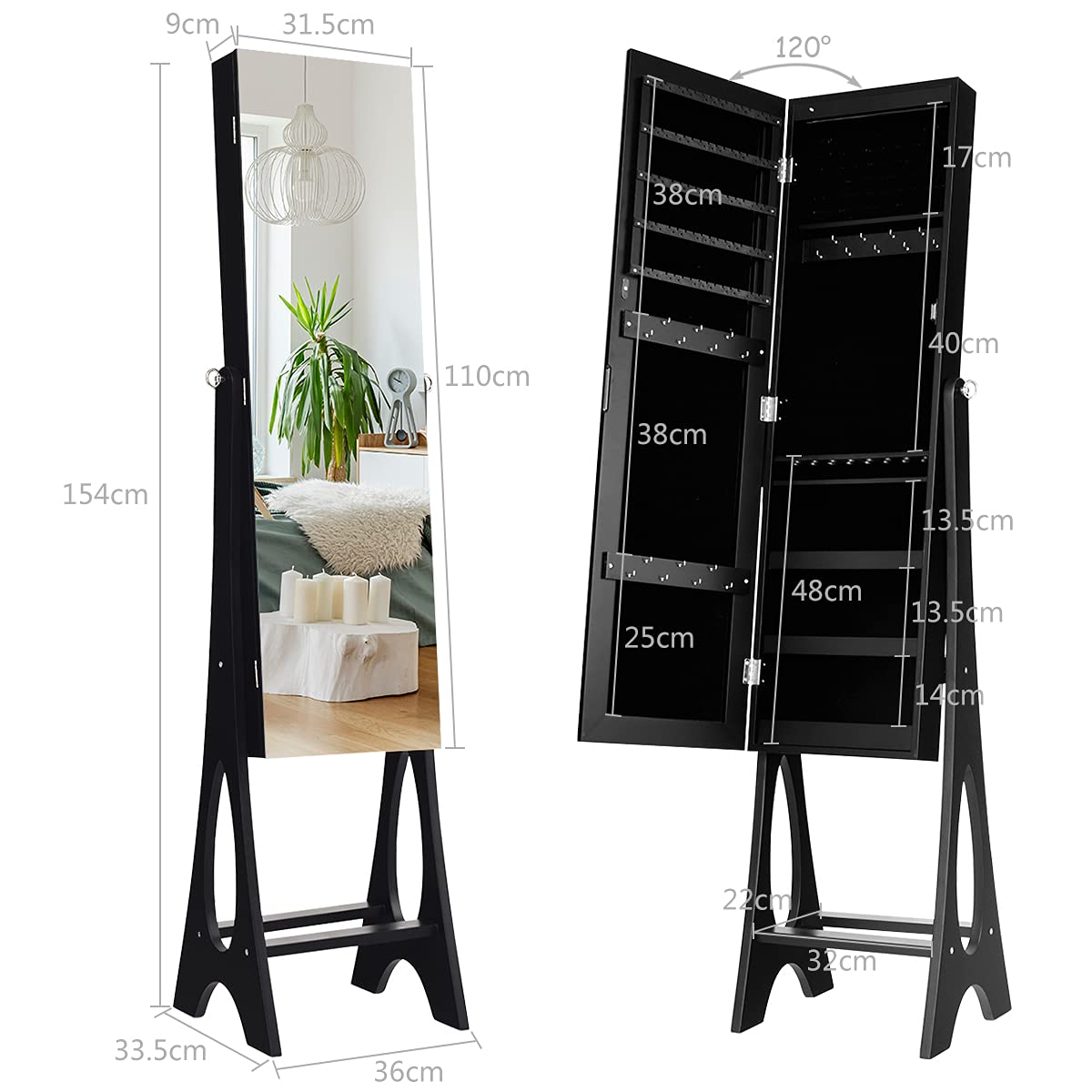 COSTWAY Sieradenkast, staande spiegel, afsluitbaar, 2-in-1 full-body spiegel met sieradenopslag, spiegelkast met 12 leds, vrijstaand (zwart