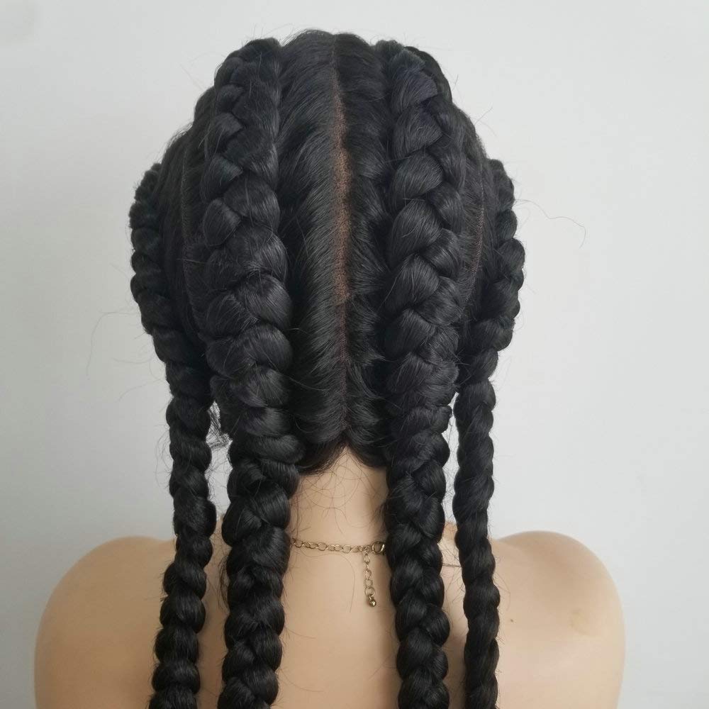 SereneWig Hand-made 32" Long 4xBraided Wigs with Baby Hair Natural 1B Black 2xDouble Braided Lace Front Wigs for Women Festival Party Cosplay Daily Use Double Dutch Braids Wigs