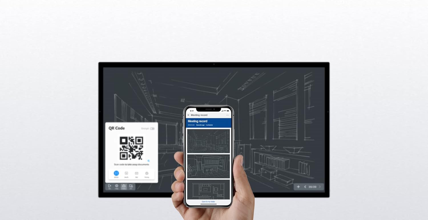 A smartphone scanning a QR code displayed on the SpeechiTouch screen, indicating easy document sharing.