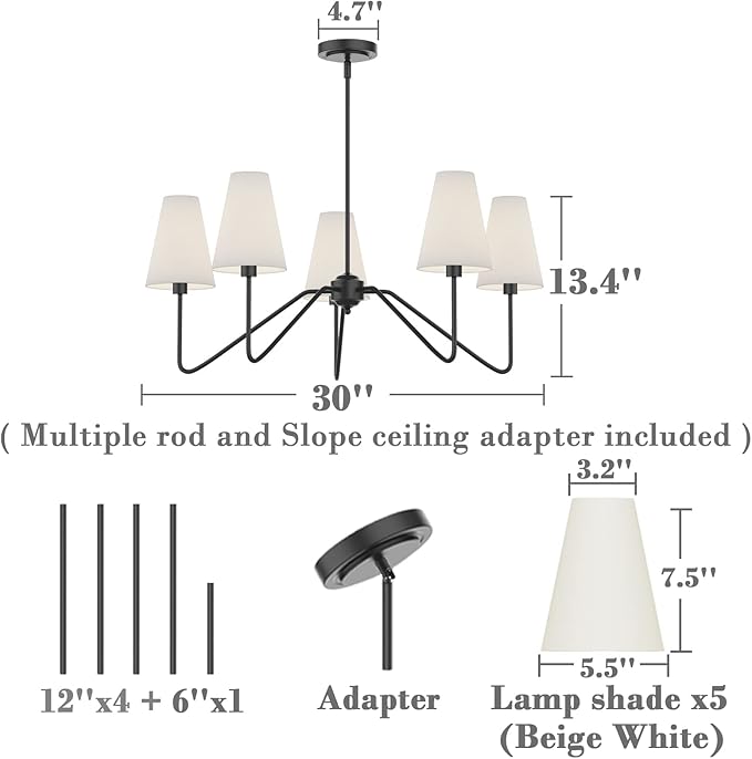 JAMCHE Klassieke 5-armige kroonluchter zwart mat met wit linnen, 200 W, D30/76 CM zwart/wit photo 3