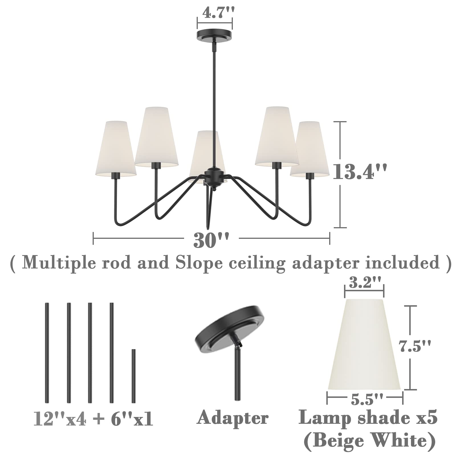Klasyczny czarny żyrandol z 5 ramieniami z białego lnu, 200 W, 30 cm/76 cm, stylowa lampa do salonu, jadalni, nowoczesnego wystroju domu.