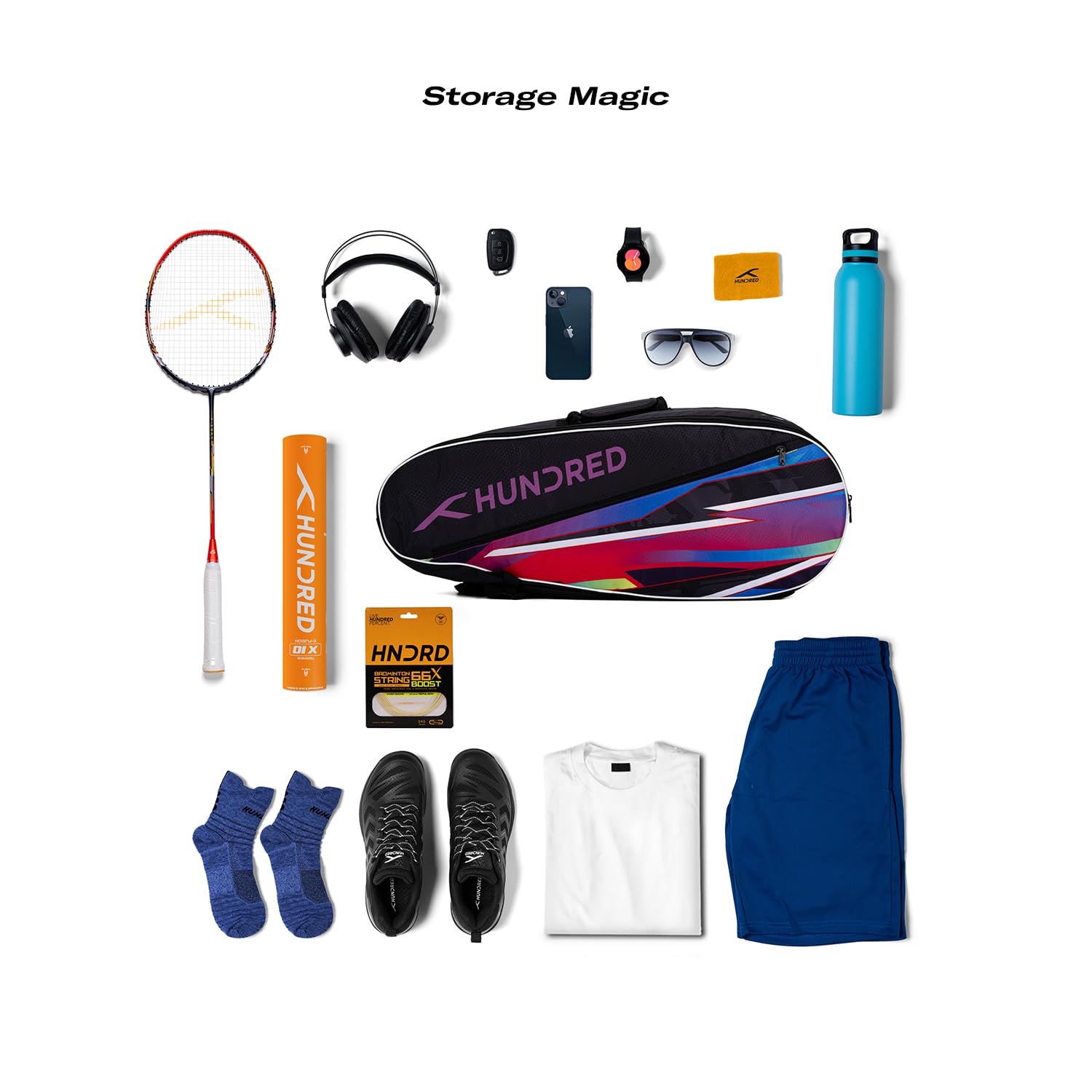 HUNDRED Debut Badminton and Tennis Racquet Kit Bag | Size: Large | Material: Polyester | 2 Compartments | Front Zipper Pocket | Padded Back Straps | Easy-Carry Handle | Black (6in1)