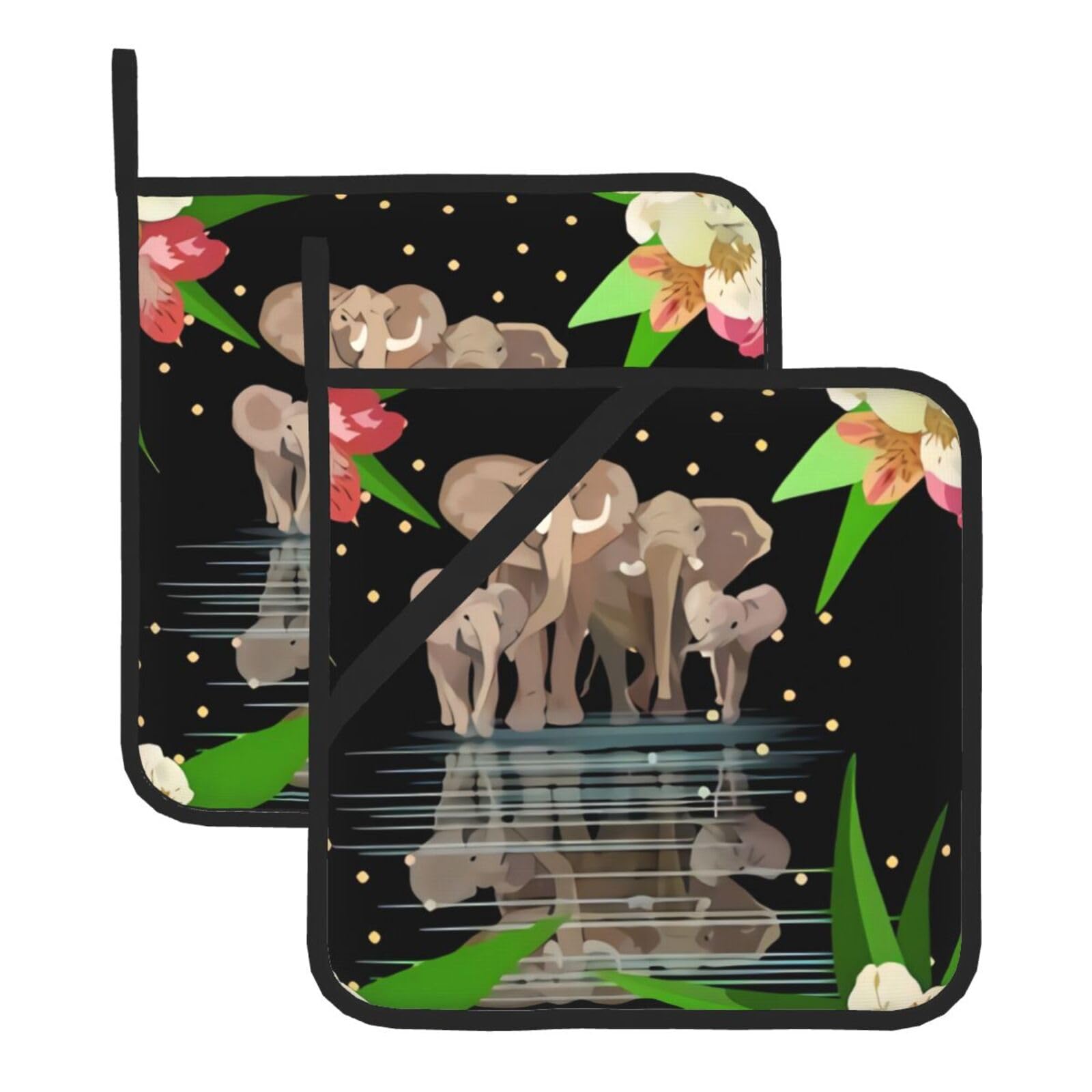 WHJDPP Elephant Prints Square Hot Pads for Kitchen - Waterproof Pot Holders Set of 2, Durable Trivets with Pocket & Hanging Loop for Hot Dishes & Oven Use