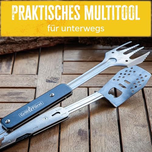Grillfürst BBQ - Multitool - 4in1 Grillbesteck (Grillzange, Grillwender, Grillgabel und Flaschenöffner)
