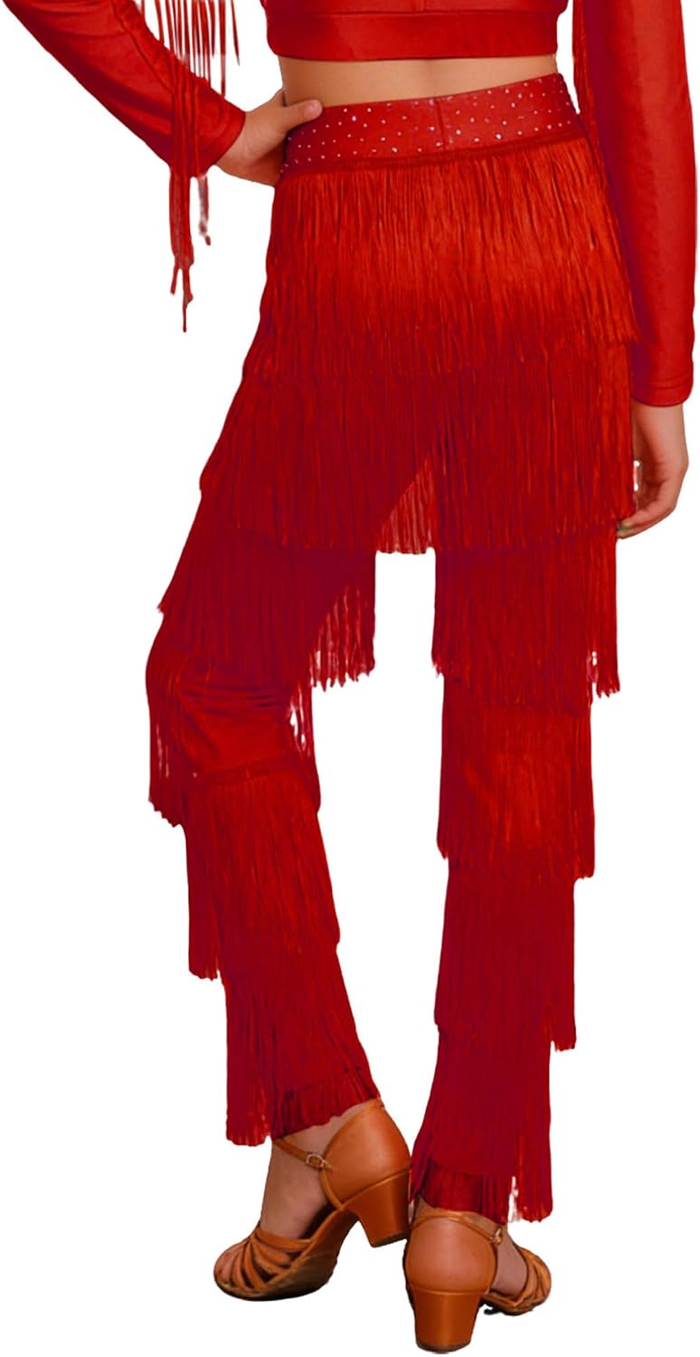 Agoky Kids Girls Latin Dance Pants Tassel Fringe Elastic Waist Ballroom Samba Jazz Practice Performance Trousers