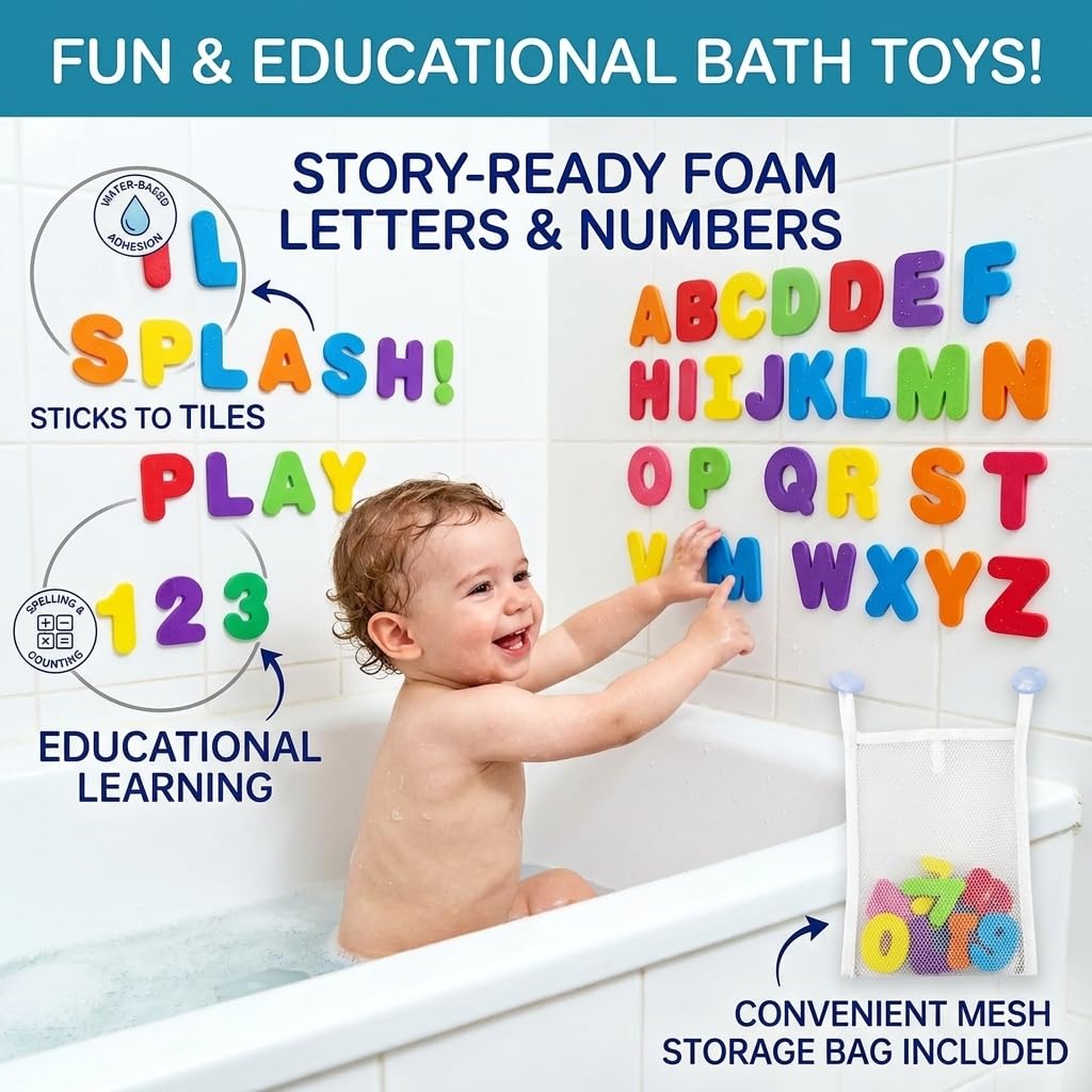 37 PCS Bath Letters and Numbers with Mesh Storage Bag, Foam Bath Toys for Toddlers, Stick on Wall Alphabet Learning Toys, Sensory Educational Bath Toys, Kids Baby Bath Toy Set — view 7