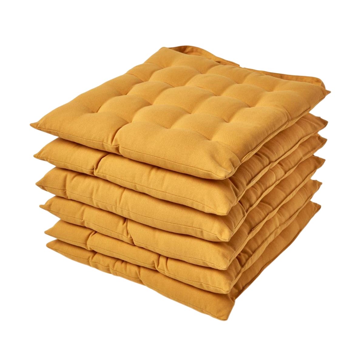 HOMESCAPES Mustard Yellow Seat Pads for Dining Chair, Set of 6 100% Cotton Chair Pads with Straps, 40x40 cm