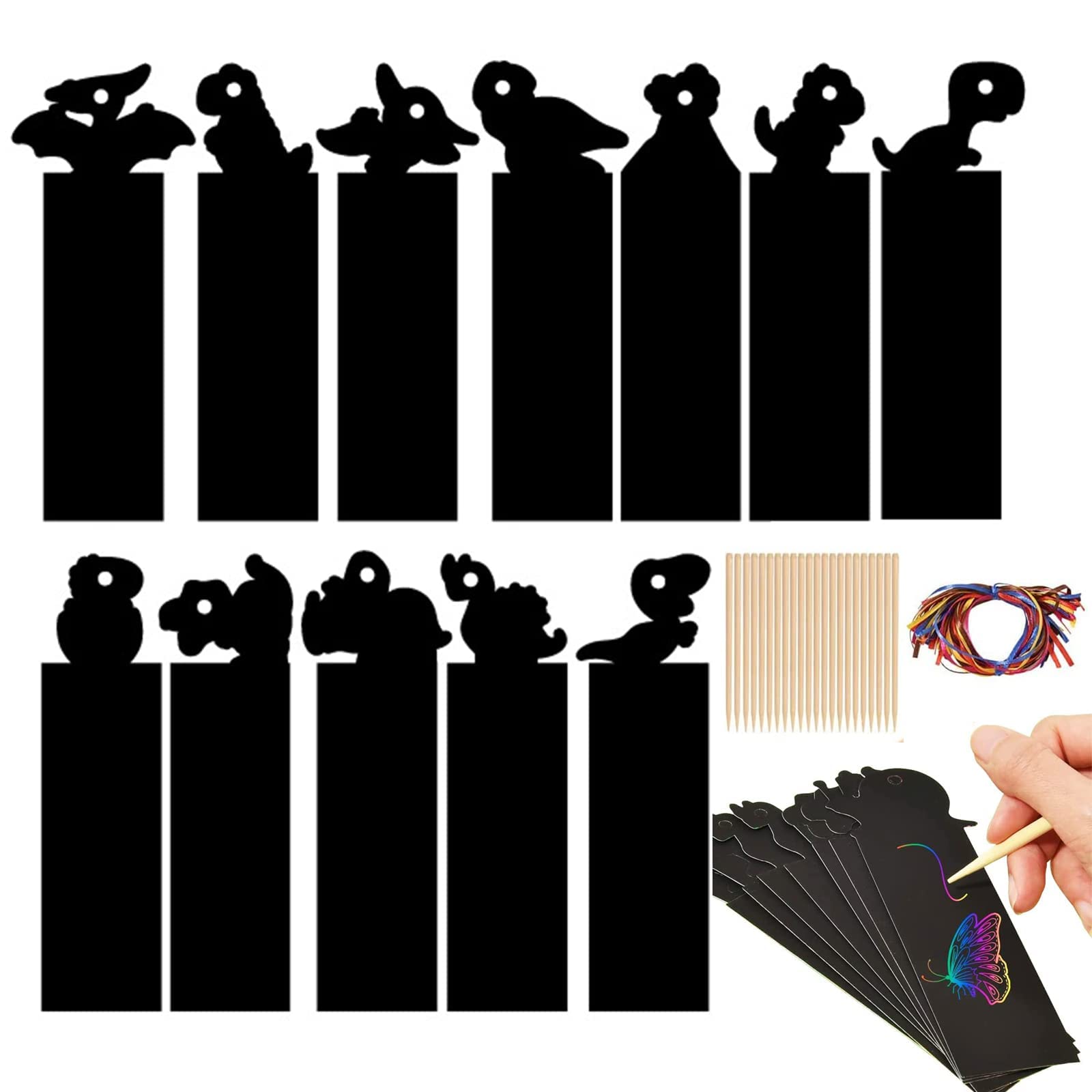 Miqzwers Scratch Art Bookmarks Papers with Pens and Ribbon Dinosaur Scratch Art Kit, 60 Set for Kids