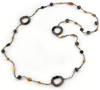 Collar largo de cuentas de cristal de una sola hebra en colores negro, pavo real, hematita, ámbar, 124 cm de largo, talla única, Vidrio, Ámbar