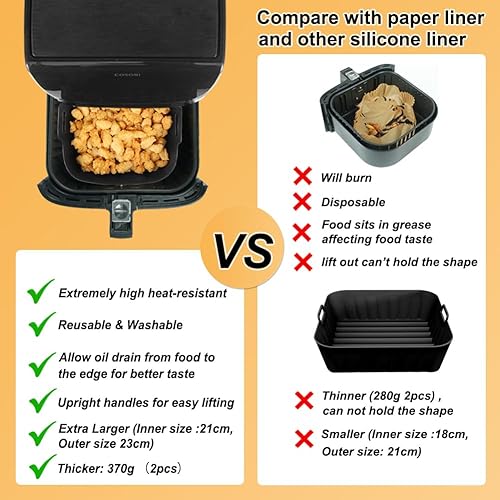 Miniatura 5 de BYKITCHEN Forros cuadrados de silicona para freidora de aire de 9 pulgadas para 5.5 a 9 cuartos de galón, juego de 2, forros de inserción de bandeja