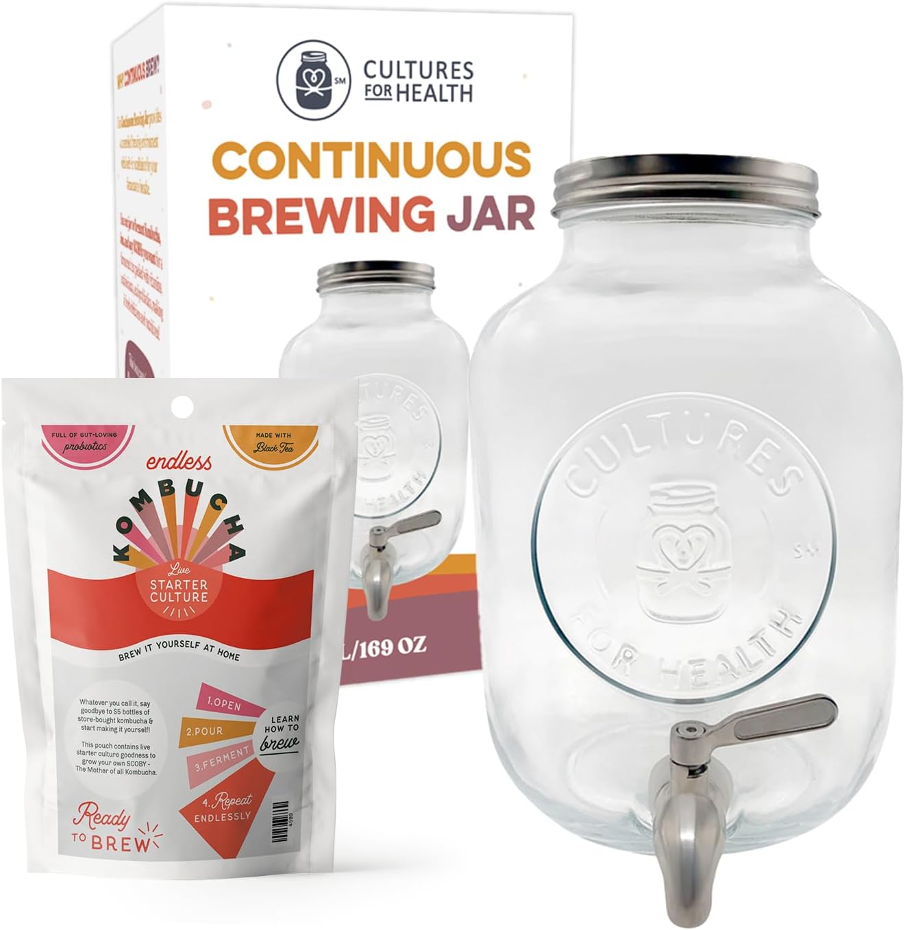 Cultures for Health Continuous Brew Jar & ENDLESS Live SCOBY Bundle | DIY Fermented Tea | Probiotic Drink | 5 Liter Glass Jar for SCOBY Hotel