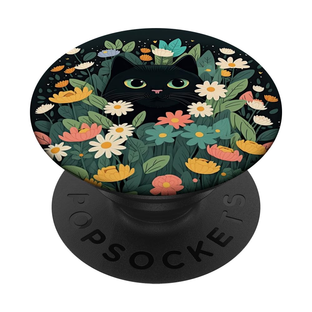 Black Cat Hiding Colorful Spring Flowers Floral Aesthetic PopSockets Adhesive PopGrip