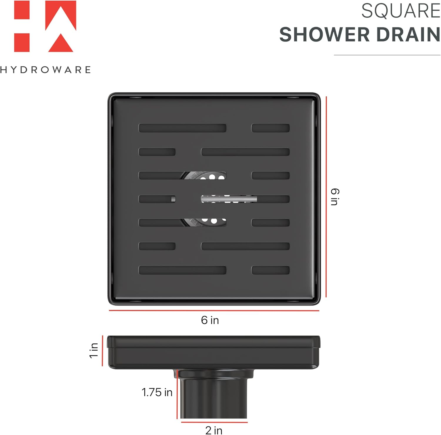 Shower Drain - Stainless Steel Square Shape Shower Floor Drain with Removable Patterned Grate, Hair Strainer, Threaded Adapter (6 Inches, Black Matte)
