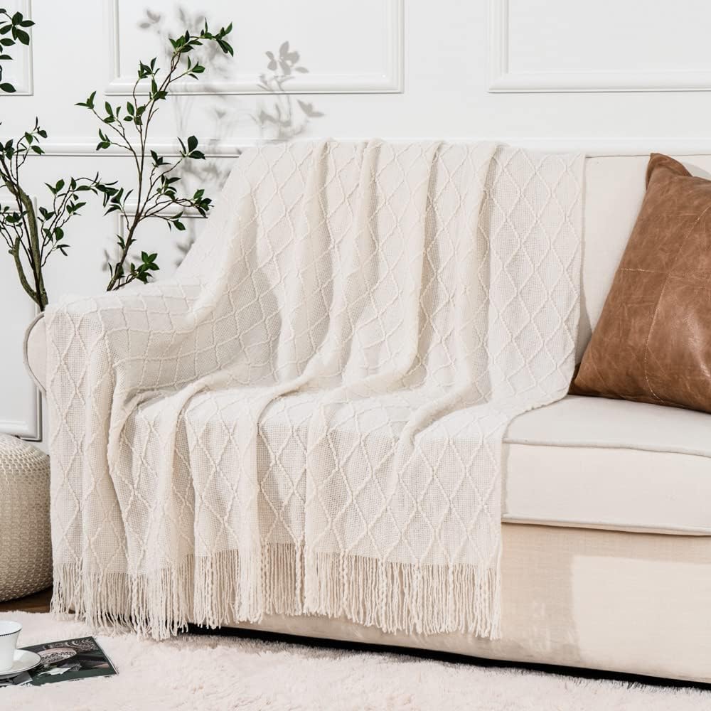 BATTILO HOME Cream Throw Blanket for Couch, Boho Bedroom Decor Throws, Decorative White Throw for Sofa Living Room, 50"x60" - Image 9