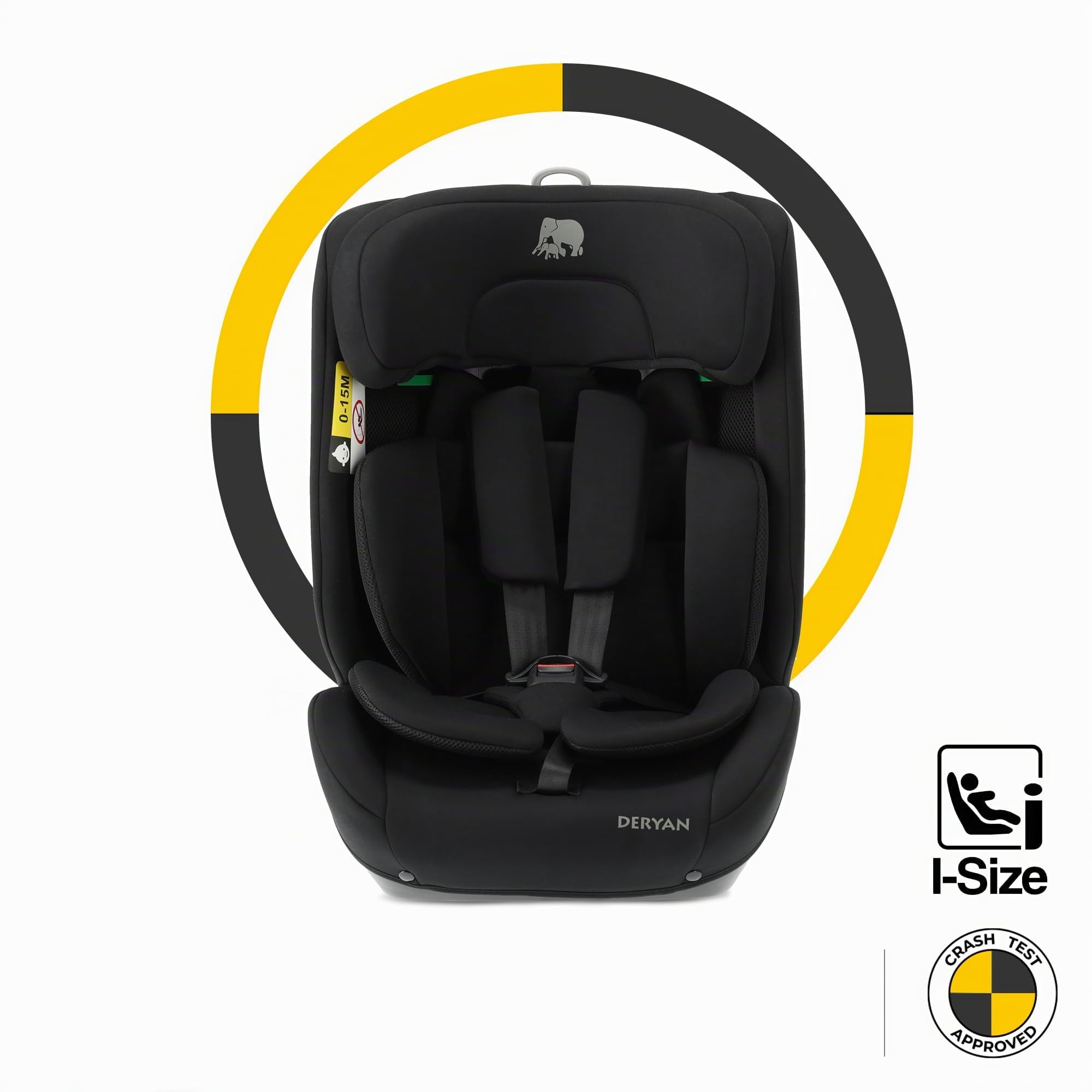 DERYAN Carter i-Size - Seggiolino auto per bambini, 9-36 kg, 76-150 cm, con Isofix, gruppo 1/2/3, schienale e poggiatesta regolabili, sistemi di sicurezza speciali, facile da trasportare, nero