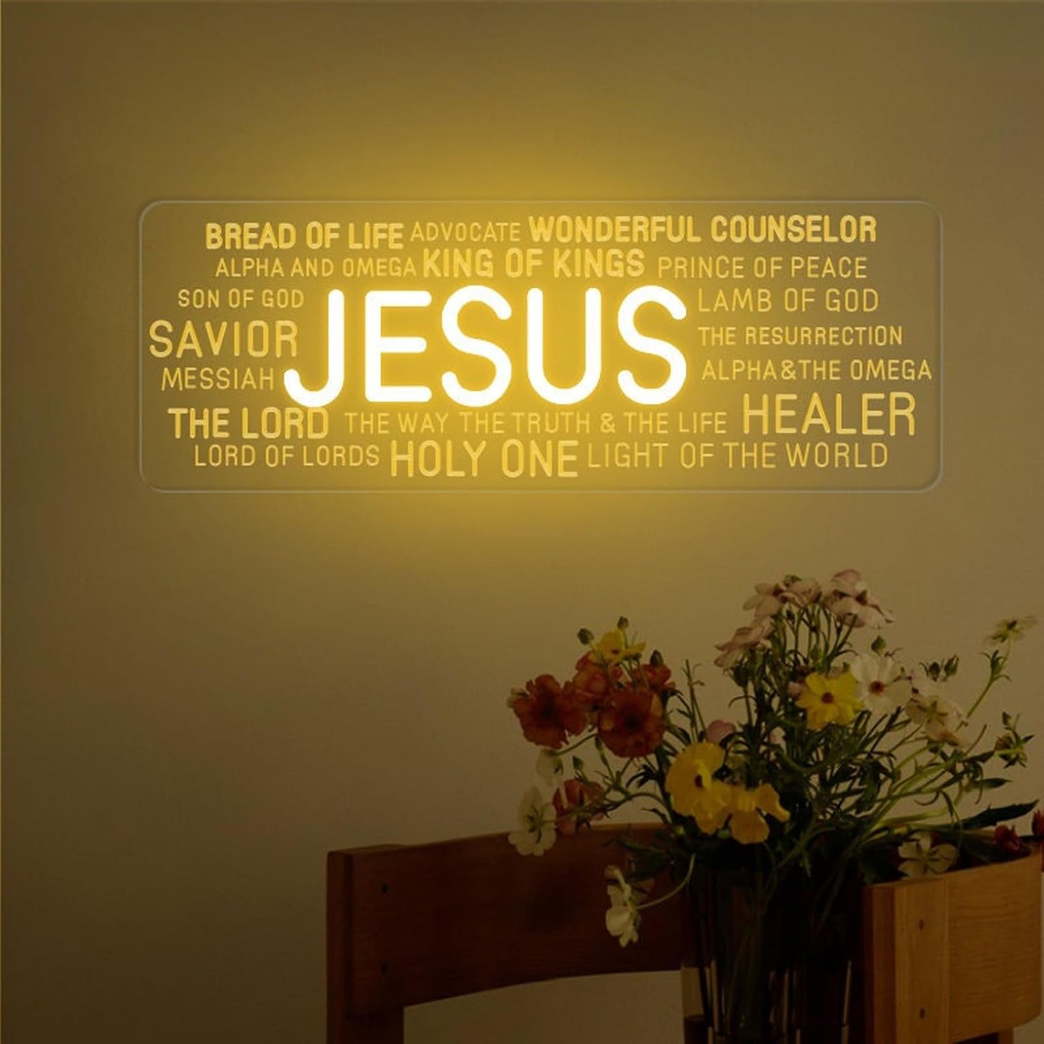 Jesus Word Cloud Neon Sign, Christian Inspirational LED Wall Light, Religious Wall Decor, Bible Verse Word Art Sign, Motivational Faith Wall Decor, God Gift for Believers 17″ × 6.2″