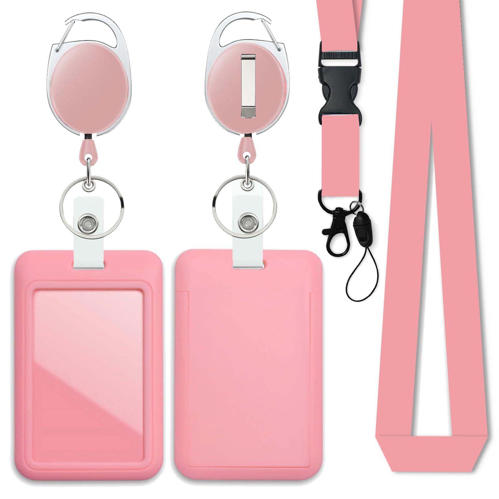 Pink Badge Holder with Retractable Reel and Breakaway Lanyard，Badge Clips Retractable Heavy Duty Badge Reel，Keychain，ID Holder with Breakaway Lanyard