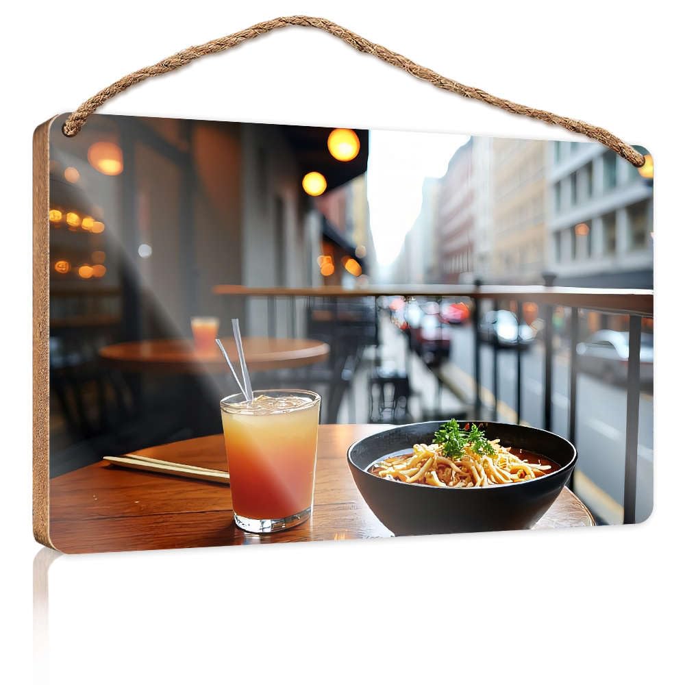 Wooden Decorative Plaque A Bowl Of Noodles And A Colorful Drink On A Table Office Decor For Wall Funny Porch Decorations(20X30CM)