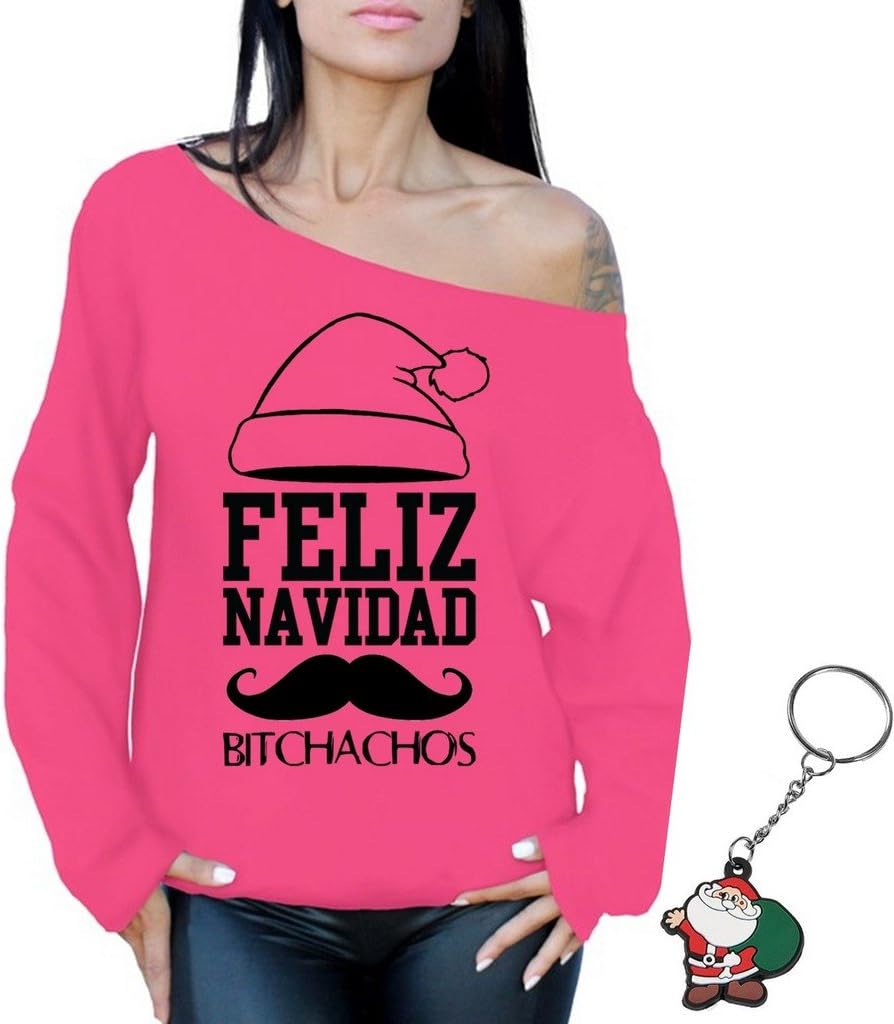 Feliz Navidad Bitchachos Christmas Ugly Off Shoulder Sweater + Key Chain