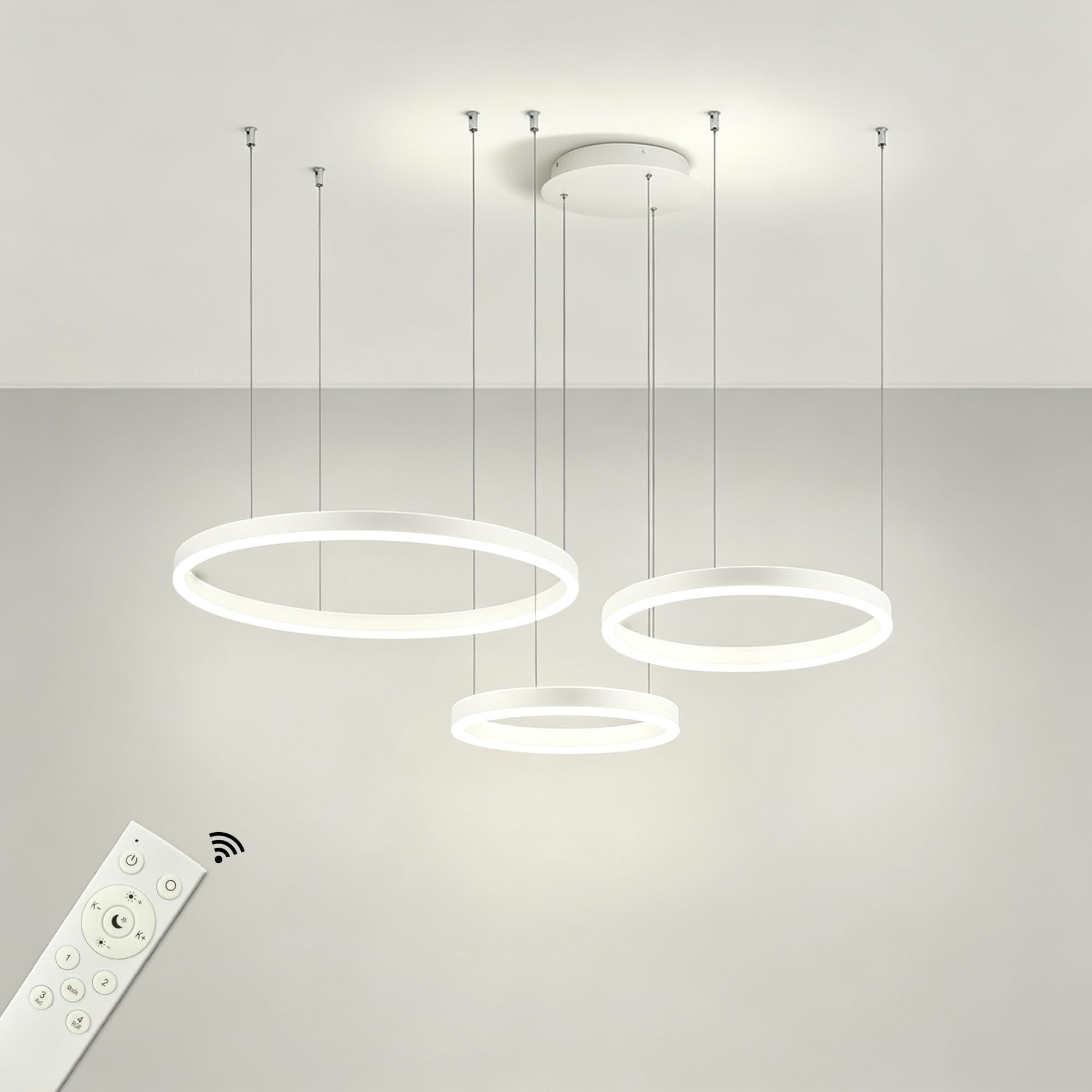 Żyrandol wiszący LED 3 pierścienie 30/40/60 cm, możliwość ściemniania za pomocą pilota | Minimalizm, stop aluminium i akryl, 3000K do 5000K, 78W Wysoka jasność, regulowana wysokość