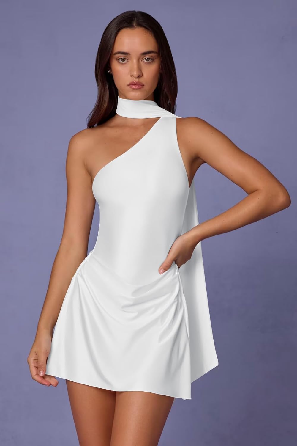 BEAGIMEG Women's Sexy Elegant One-Shoulder Asymmetric Neck A-line Cocktail Club Party Mini Dress - Image 2