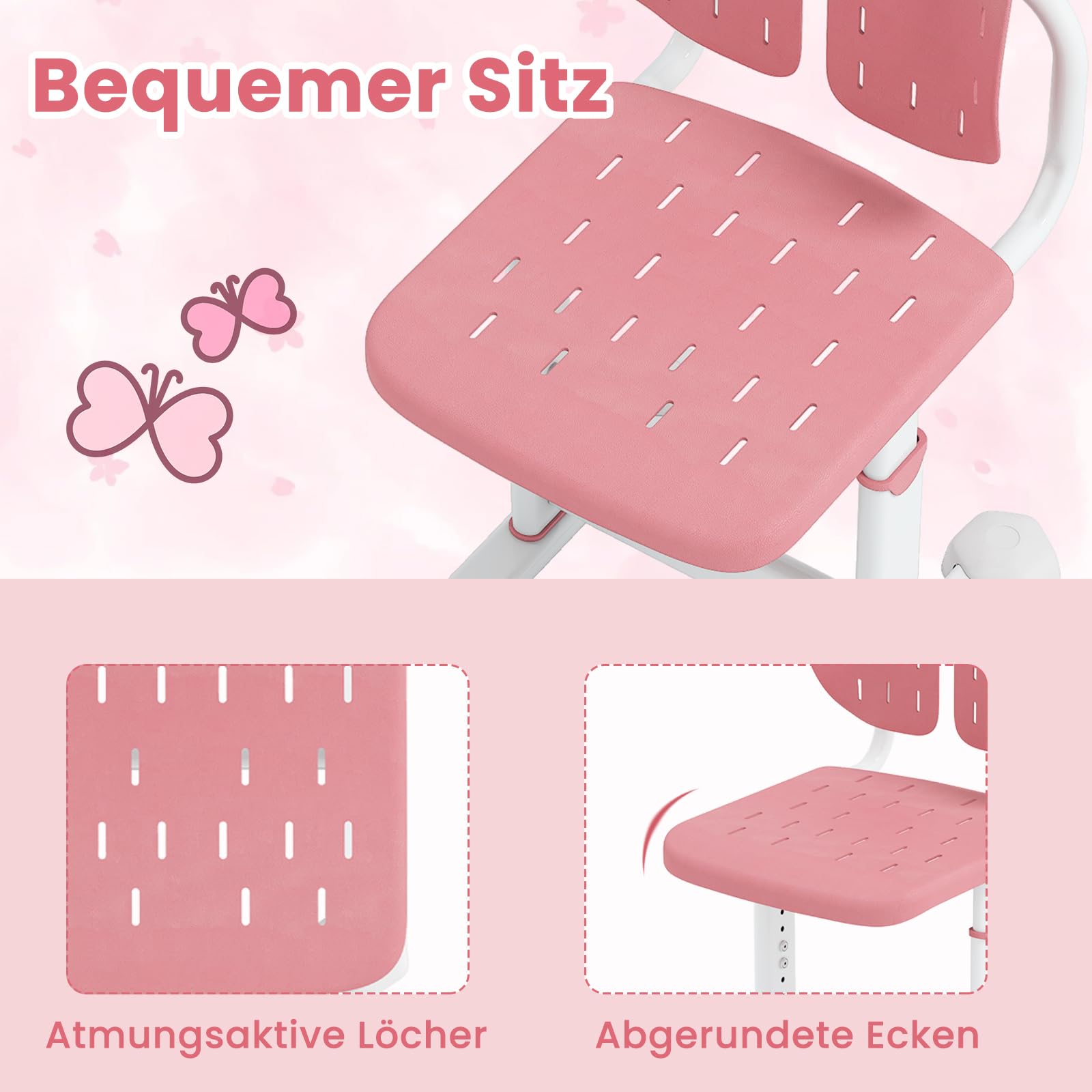 COSTWAY Schreibtischstuhl Kinder, 29,5-37,5cm höhenverstellbar, Kinderschreibtischstuhl mit doppelter Rückenlehne, armloser Bürostuhl ohne Rollen, Kinderstuhl für Jungen & Mädchen ab 3 Jahren (Rosa)