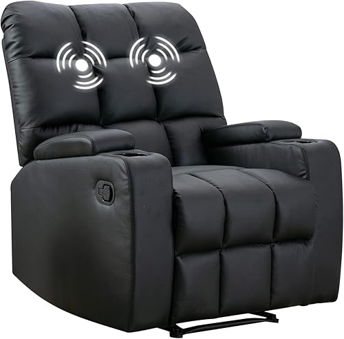 Miniatura 7 de ANJHOME Silla reclinable manual con vibración de masaje, sillas reclinables de piel sintética con portavasos y caja de almacenamiento para sala de