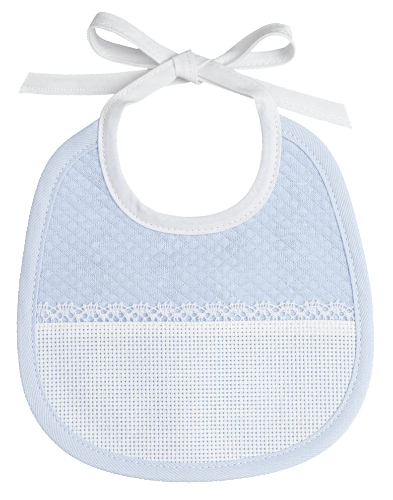 Filet - Small Bib in Soft Fabric with Sky Losanghe Motif with Pocket in Aida to Embroider, Ideal for Babies and Early Months, Made in Italy, Light Blue