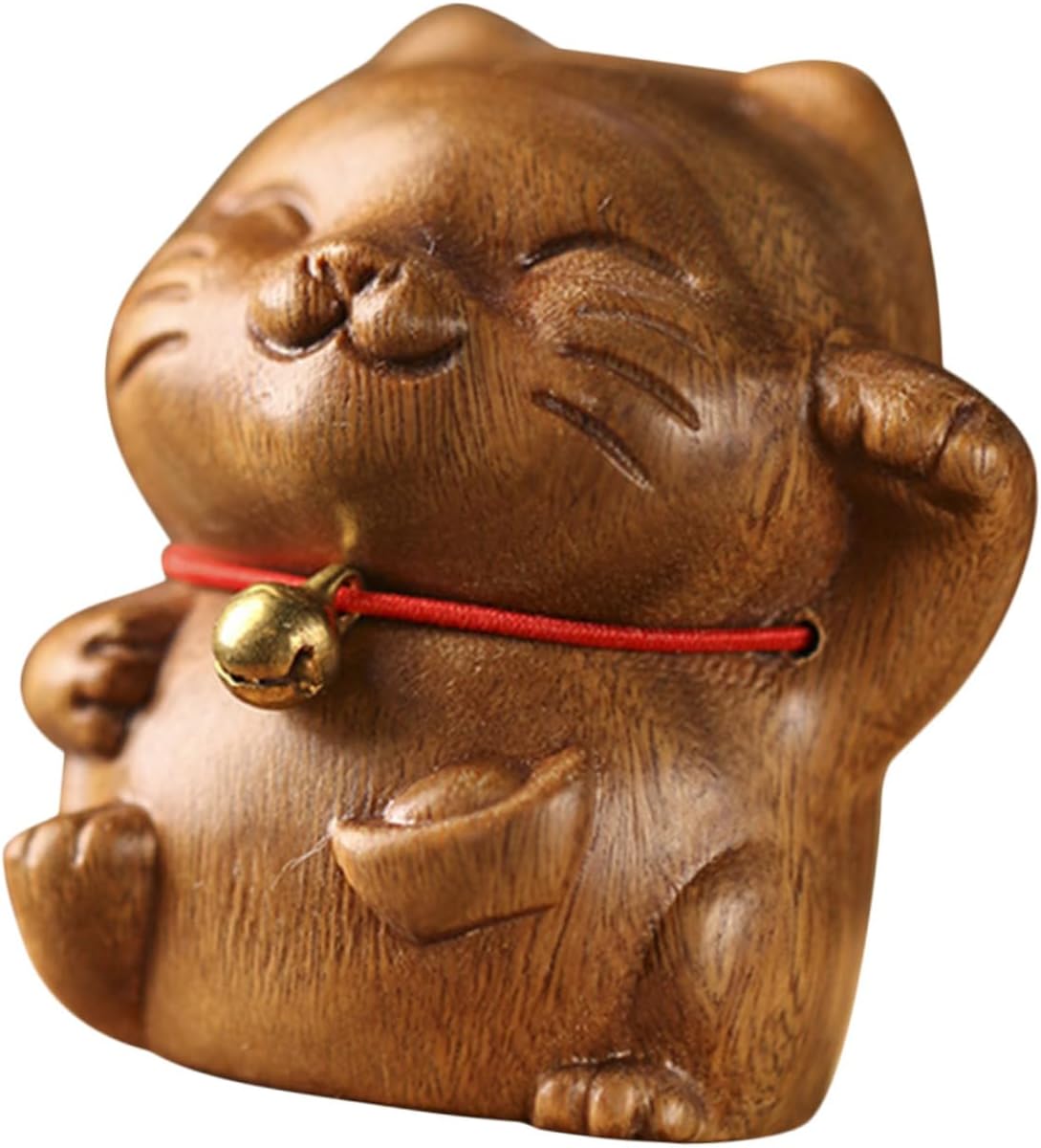 PRETYZOOM 2pcs Lucky Cat Wood Carving Maneki Neko Desktop Decoration