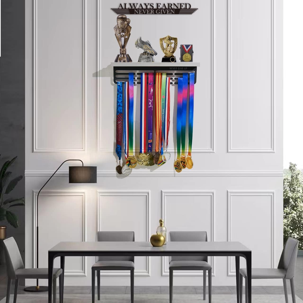 Trophy and Medal Display Shelf, Medal Holder Display with Wooden Trophy Shelf, Medal Hanger Display, Race Medal Rack Always Earned Never Given with 50+Easy to Install (White)