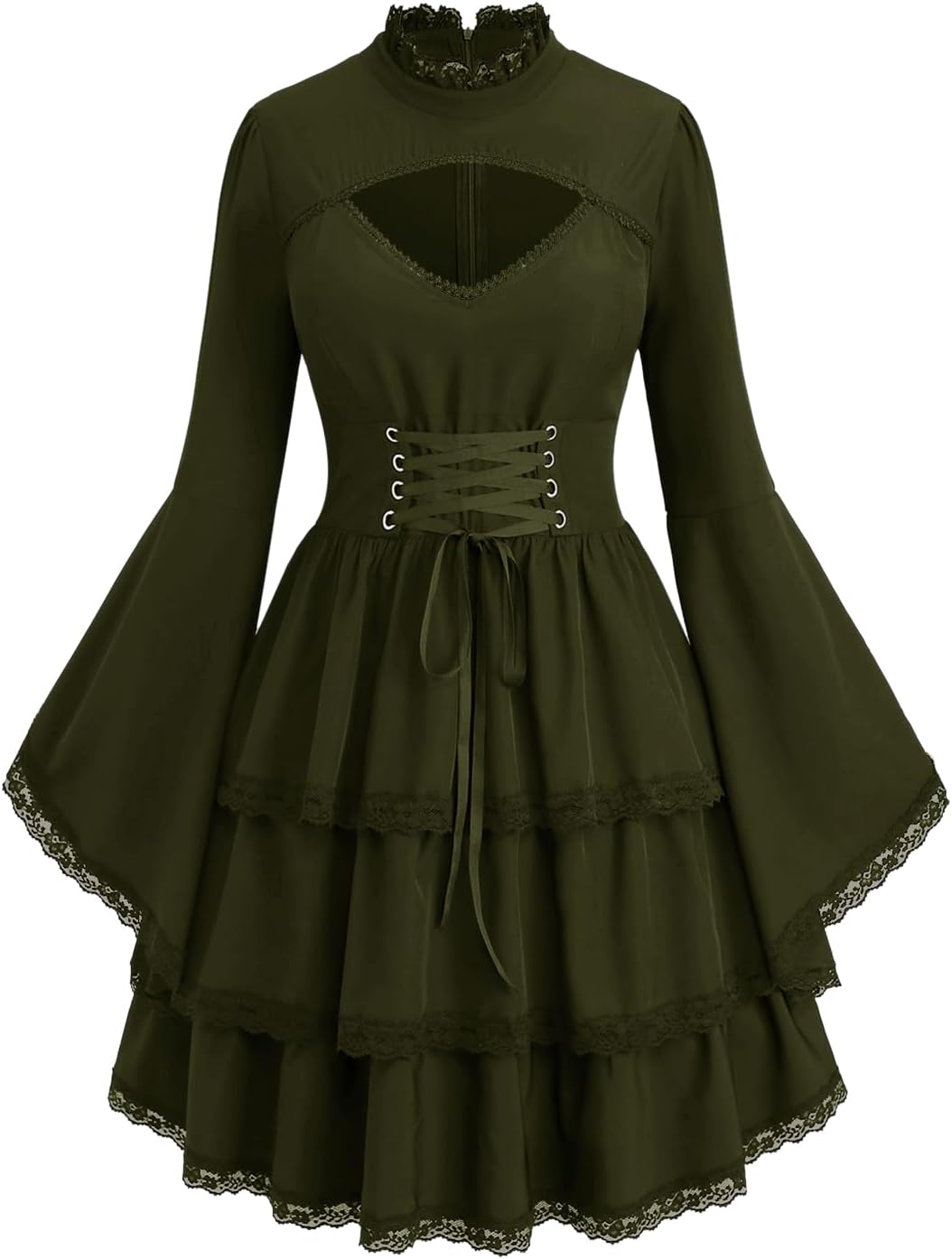 ROSE GAL Womens Plus Size Victorian Gothic Lace-up Layered Lace Trim Cutout Trumpet Sleeves Knee Length Dress